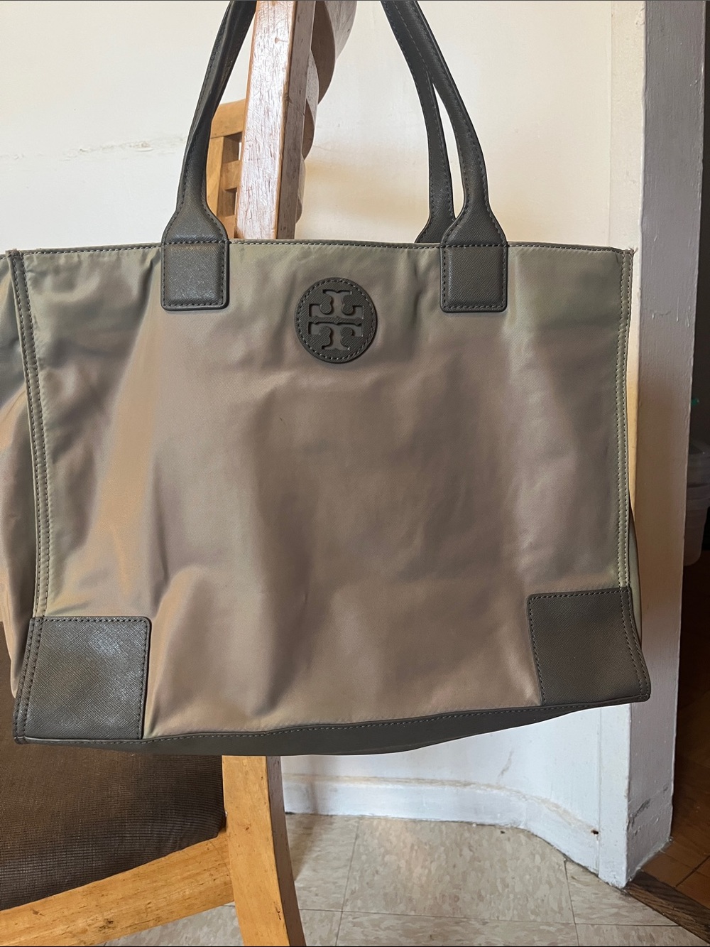Preowned Tory Burch Olive Canvas Tote with Black Trim